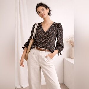 Rebecca Taylor Silk Blend Floral Blouse Size 8 Black V Neck Long Sleeve